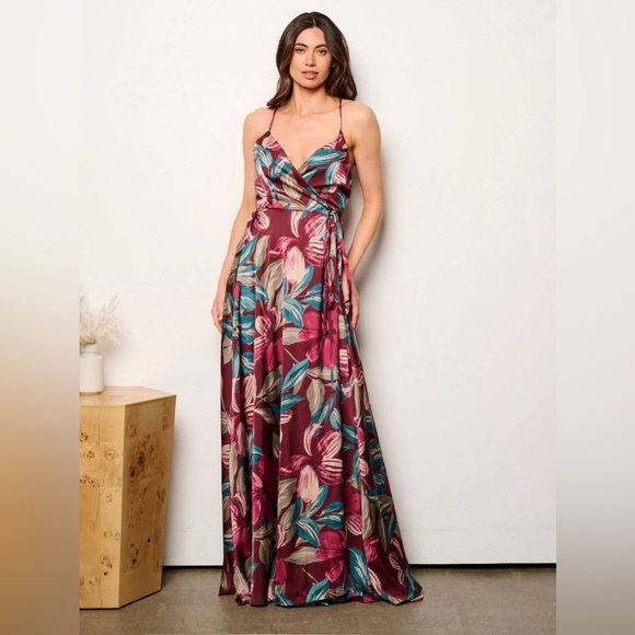 OPEN BACK WINE COLOR FLORAL WRAP MAXI DRESS - Picture 1 of 3